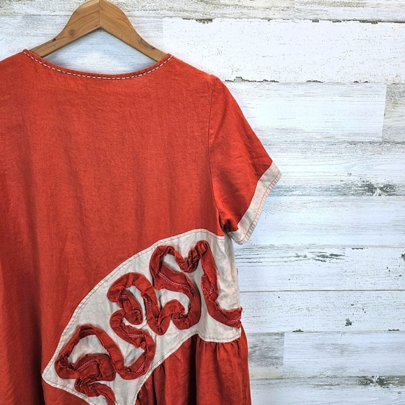 Peacock Ways Linen Lagenlook Casual Dress Sz Large Orange Artsy Folksy Modest - Picture 9 of 14